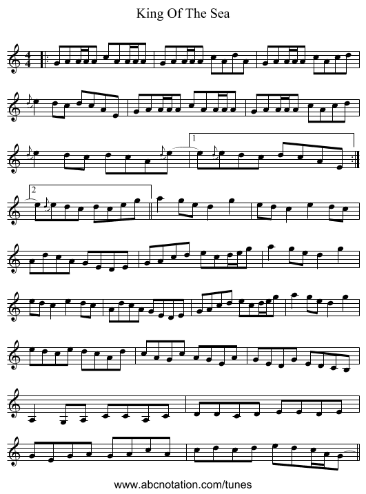 King Of The Sea - staff notation