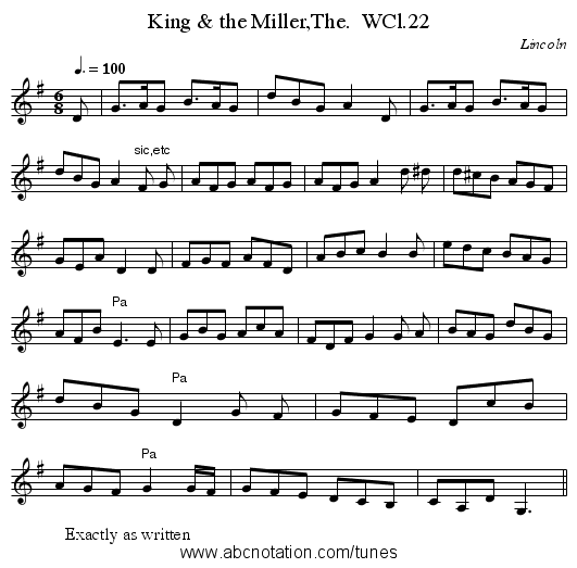 King & the Miller,The.  WCl.22 - staff notation