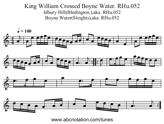 King William Crossed Boyne Water. RHu.052 - staff notation