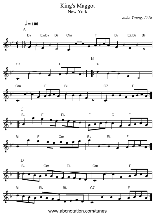 King's Maggot - staff notation