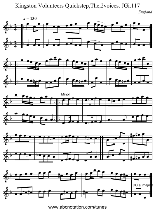Kingston Volunteers Quickstep,The,2voices. JGi.117 - staff notation