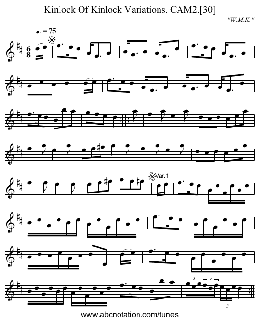 Kinlock Of Kinlock Variations. CAM2.[30] - staff notation