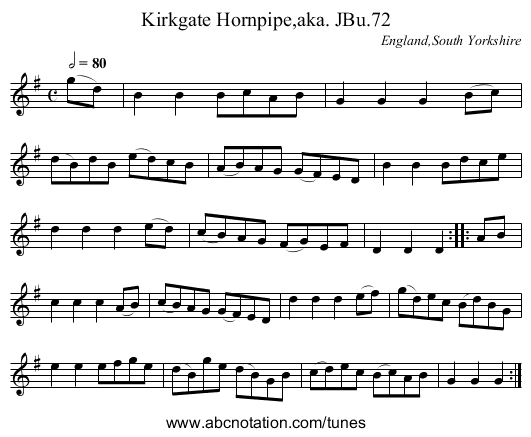 Kirkgate Hornpipe,aka. JBu.72 - staff notation