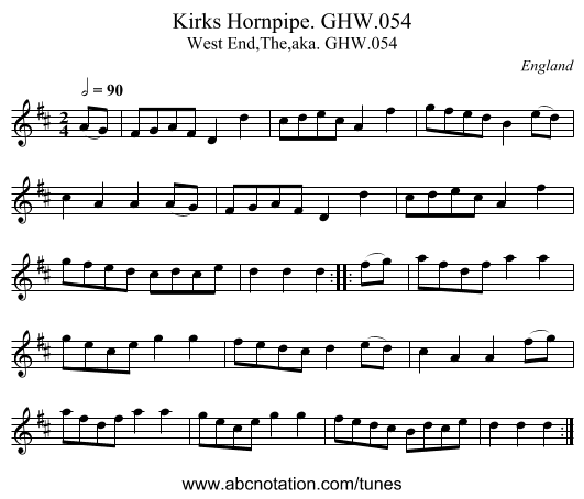 Kirks Hornpipe. GHW.054 - staff notation