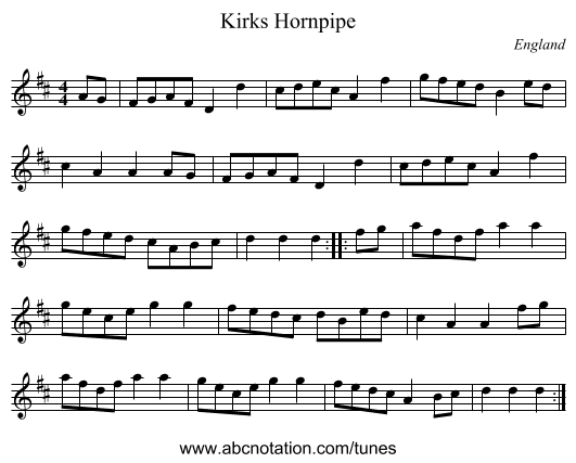 Kirks Hornpipe - staff notation