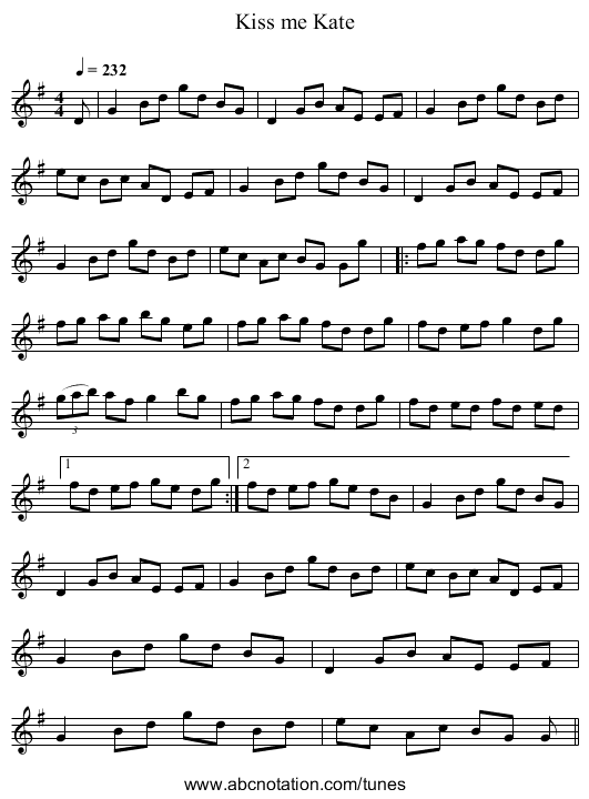 Kiss me Kate - staff notation