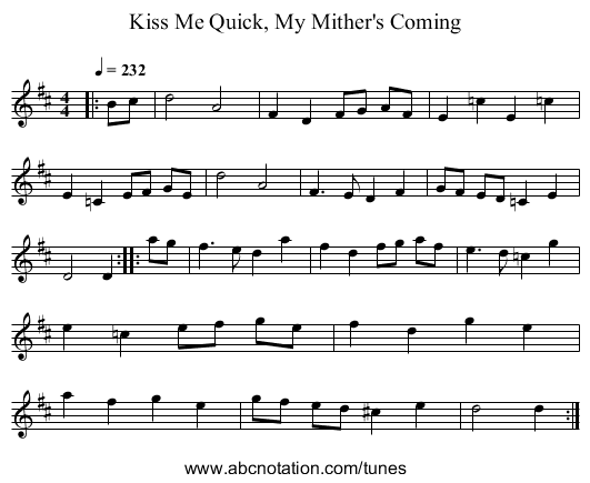 Kiss Me Quick, My Mither's Coming - staff notation