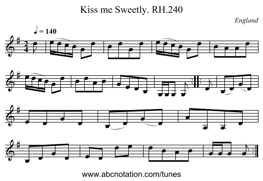 Kiss me Sweetly. RH.240 - staff notation