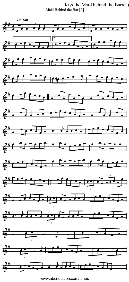 Kiss the Maid behind the Barrel (reel)  - staff notation