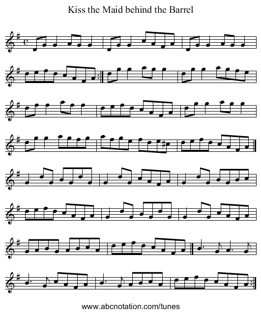 Kiss the Maid behind the Barrel - staff notation
