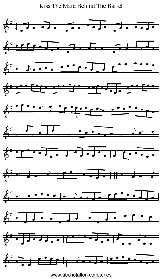 Kiss The Maid Behind The Barrel - staff notation