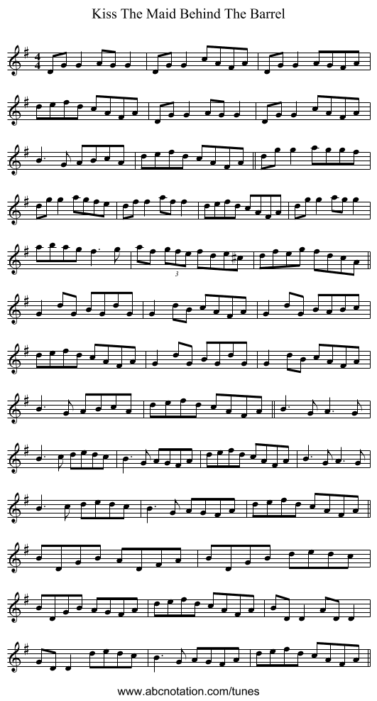 Kiss The Maid Behind The Barrel - staff notation