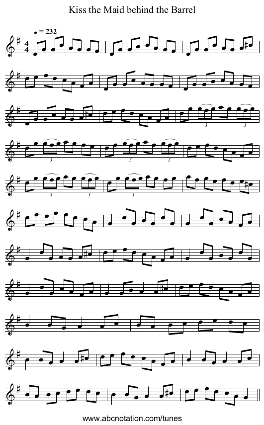 Kiss the Maid behind the Barrel - staff notation