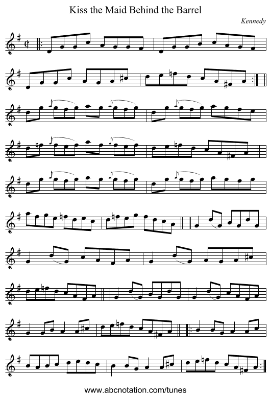 Kiss the Maid Behind the Barrel - staff notation
