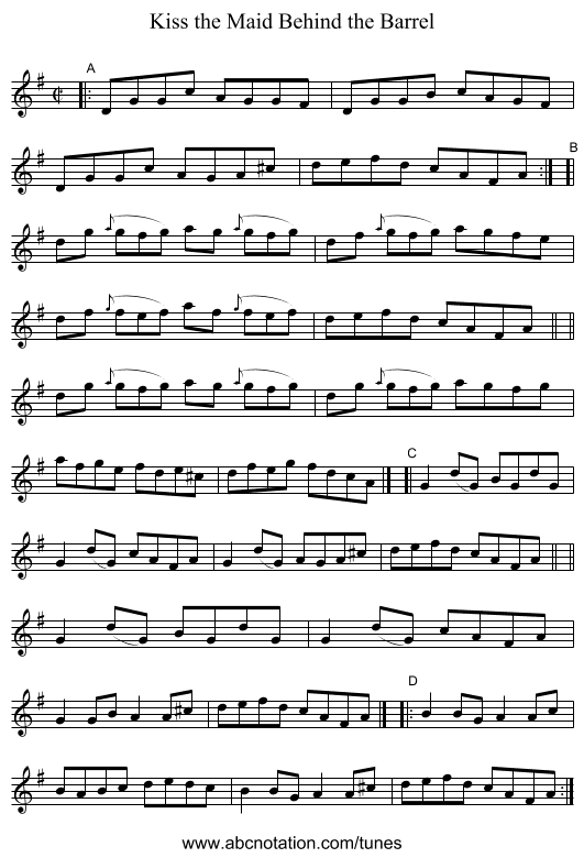 Kiss the Maid Behind the Barrel - staff notation
