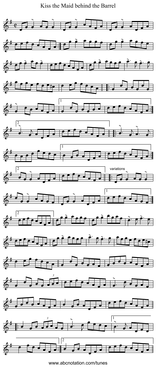 Kiss the Maid behind the Barrel - staff notation