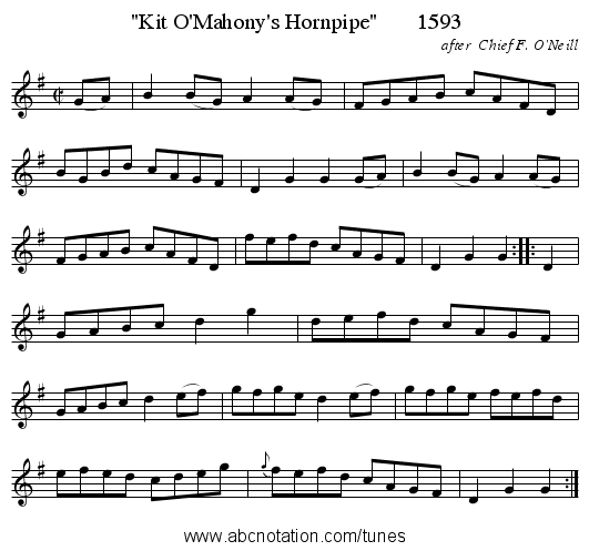 Kit O'Mahony's Hornpipe       1593 - staff notation
