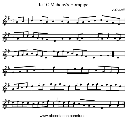 Kit O'Mahony's Hornpipe - staff notation