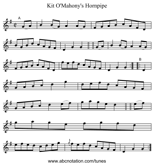 Kit O'Mahony's Hornpipe - staff notation