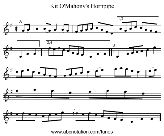 Kit O'Mahony's Hornpipe - staff notation