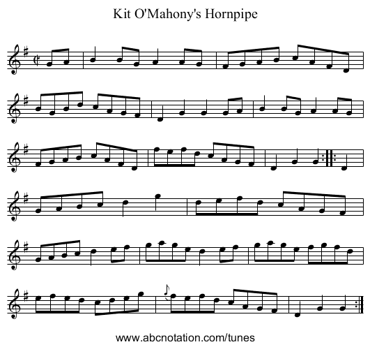 Kit O'Mahony's Hornpipe - staff notation