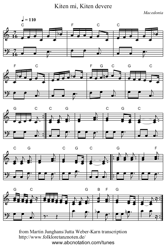 Kiten mi, Kiten devere - staff notation