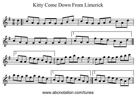 Kitty Come Down From Limerick - staff notation
