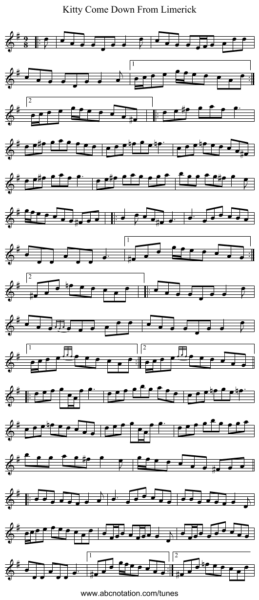 Kitty Come Down From Limerick - staff notation