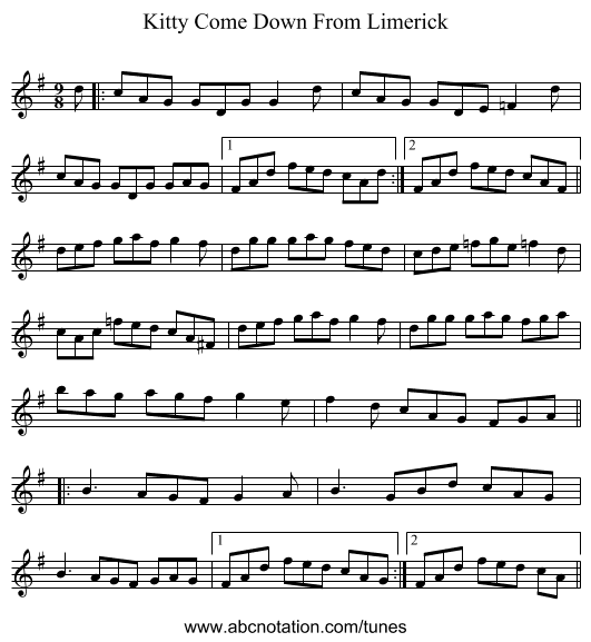 Kitty Come Down From Limerick - staff notation