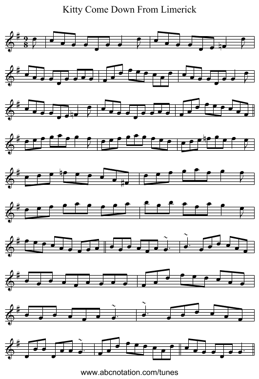 Kitty Come Down From Limerick - staff notation