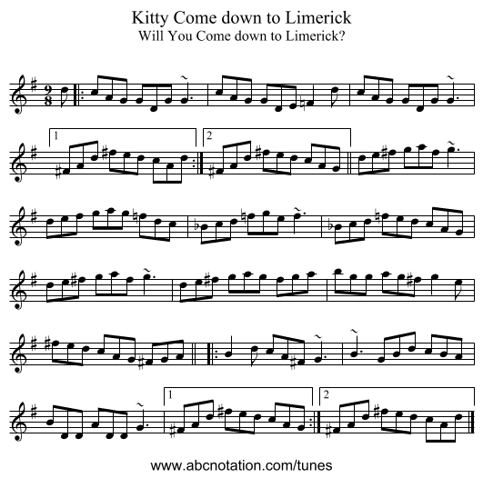 Kitty Come down to Limerick - staff notation