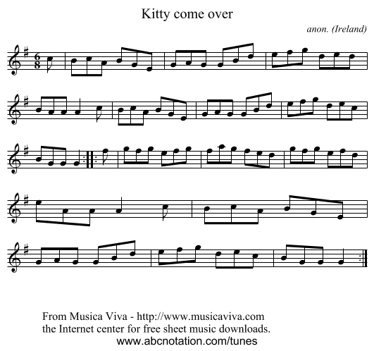Kitty come over - staff notation
