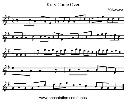 Kitty Come Over - staff notation