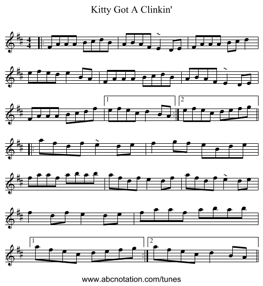 Kitty Got A Clinkin' - staff notation
