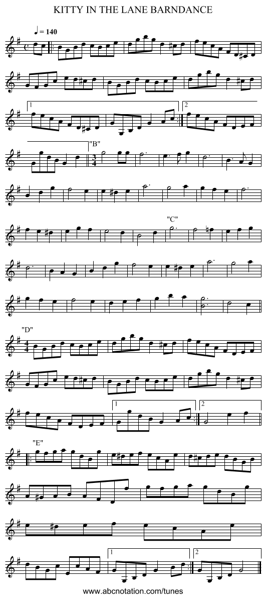 KITTY IN THE LANE BARNDANCE - staff notation