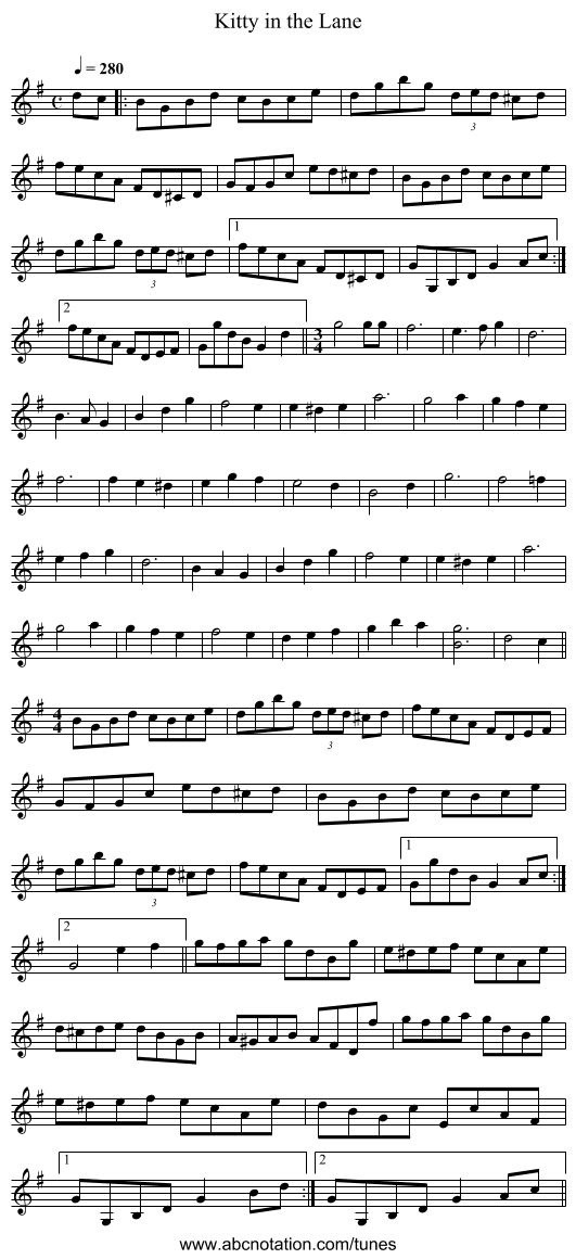Kitty in the Lane - staff notation