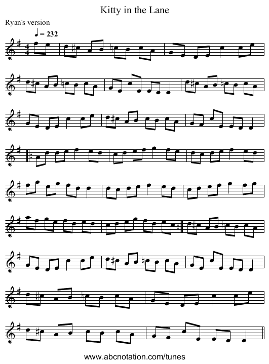 Kitty in the Lane - staff notation