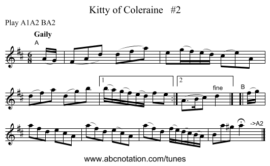 Kitty of Coleraine   #2 - staff notation
