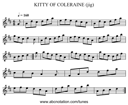 KITTY OF COLERAINE (jig) - staff notation