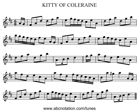 KITTY OF COLERAINE - staff notation