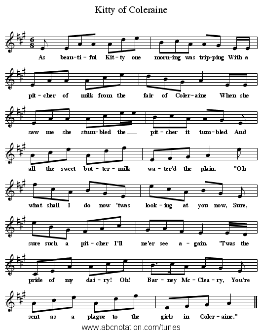 Kitty of Coleraine - staff notation