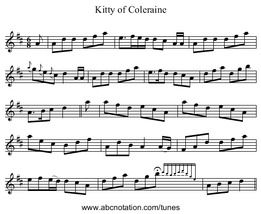 Kitty of Coleraine - staff notation