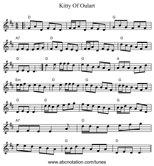 Kitty Of Oulart - staff notation