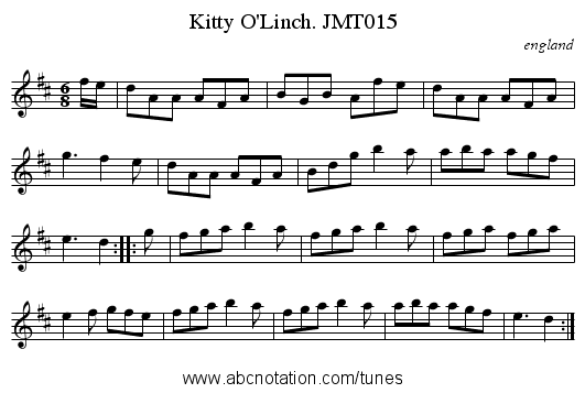 Kitty O'Linch. JMT015 - staff notation
