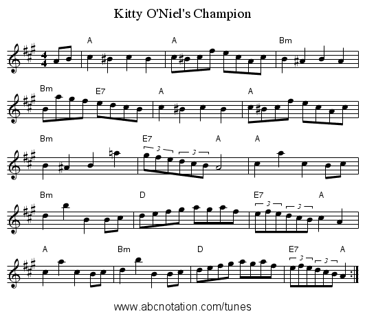 Kitty O'Niel's Champion - staff notation