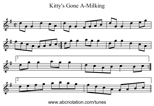 Kitty's Gone A-Milking - staff notation
