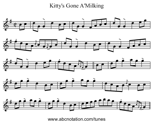 Kitty's Gone A'Milking - staff notation