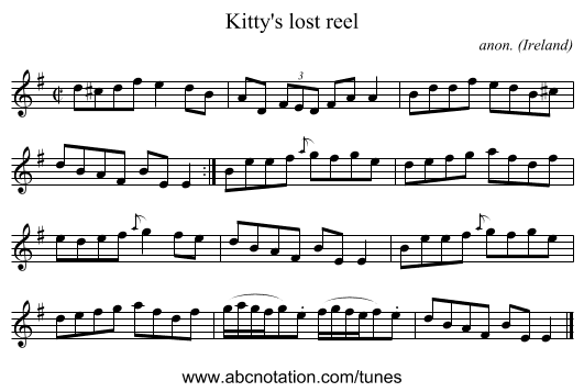 Kitty's lost reel - staff notation