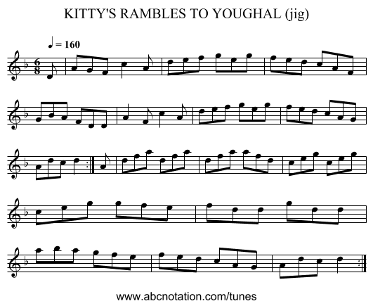 KITTY'S RAMBLES TO YOUGHAL (jig) - staff notation