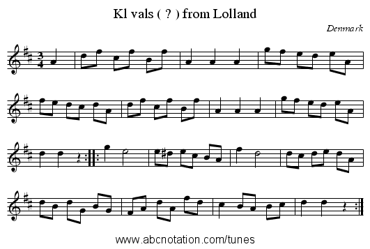 Kl vals ( ? ) from Lolland - staff notation
